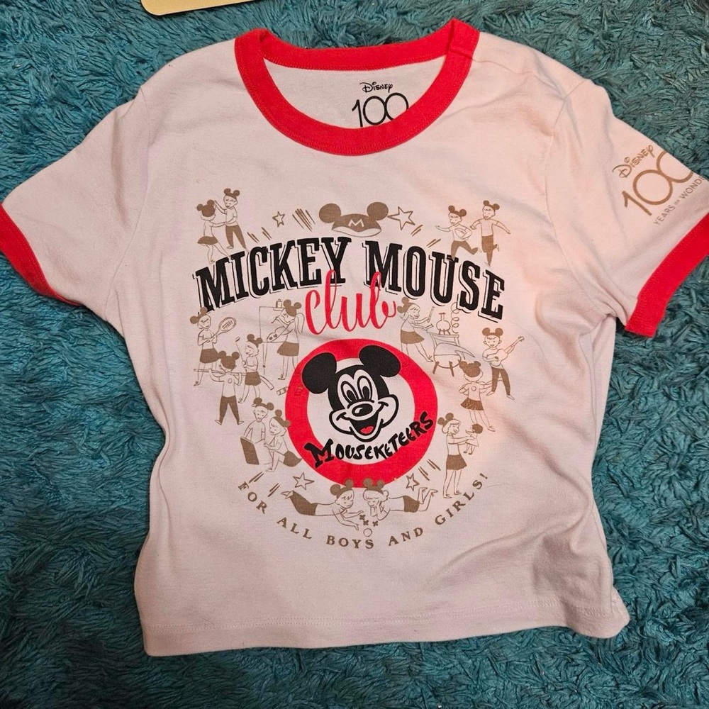 Disney White Crop Top with Red Trim Mickey Mouse Club Graphic